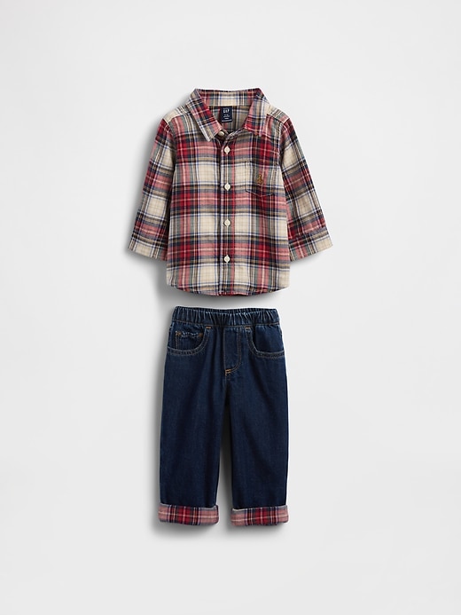 baby-flanell- und jeans-outfit-set