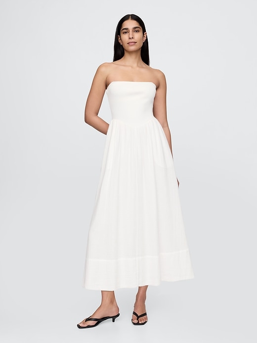 maxikleid aus baumwollgaze und materialmix