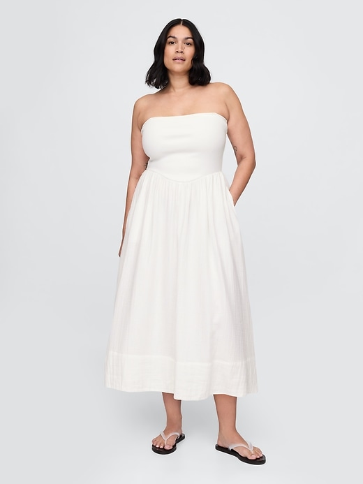 maxikleid aus baumwollgaze und materialmix