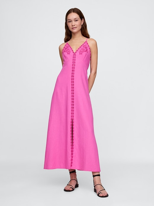 maxikleid aus leinenmischgewebe mit stickerei und neckholder