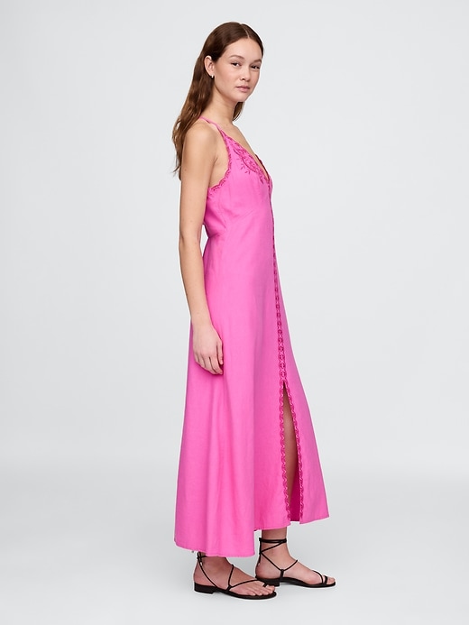 maxikleid aus leinenmischgewebe mit stickerei und neckholder