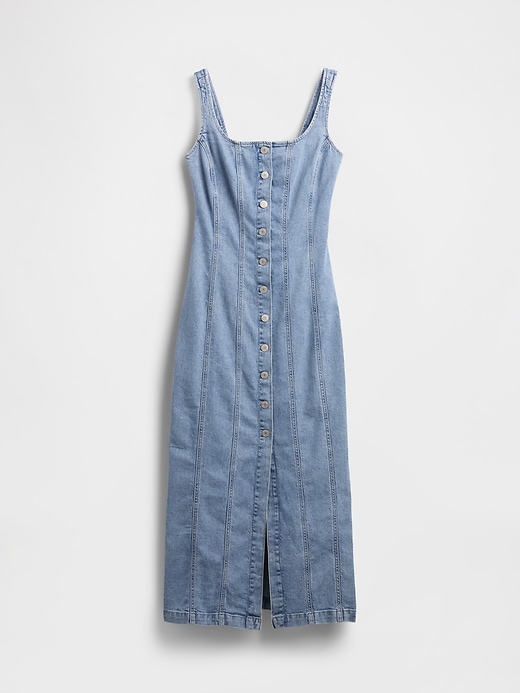 maxikleid aus denim mit ziernähten und knopfleiste