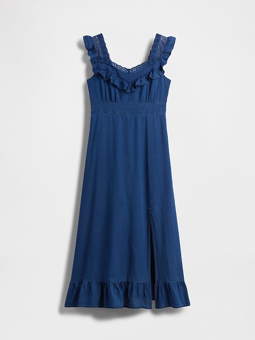 indigofarbenes maxikleid mit rüschenbesatz