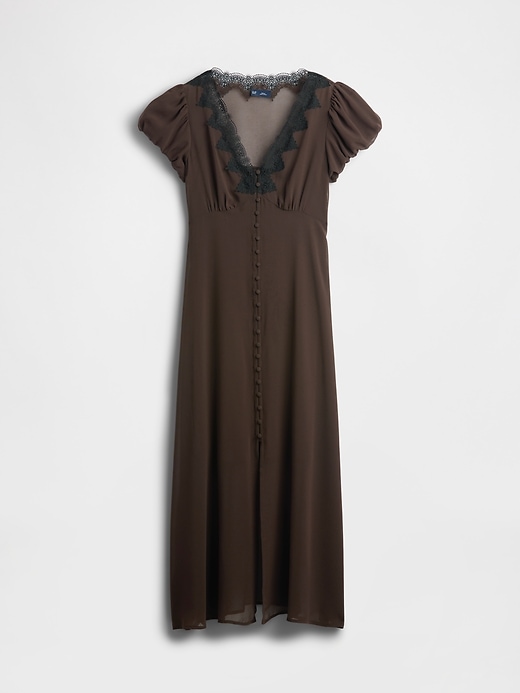 maxikleid mit v-ausschnitt und spitzenbesatz
