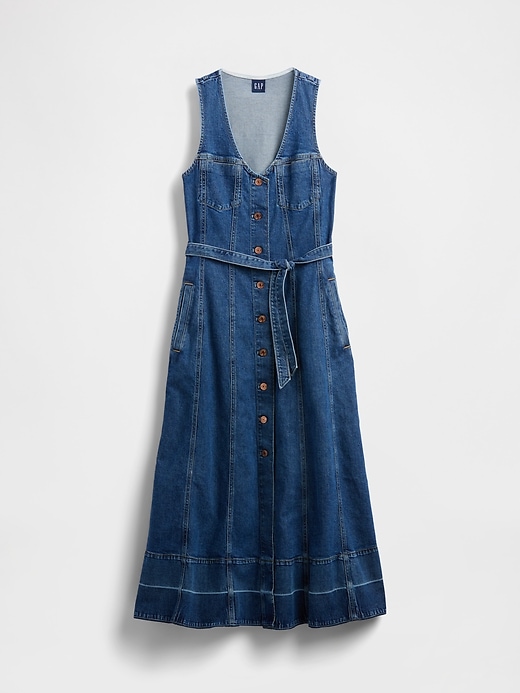 maxikleid aus denim mit gürtel und knopfleiste