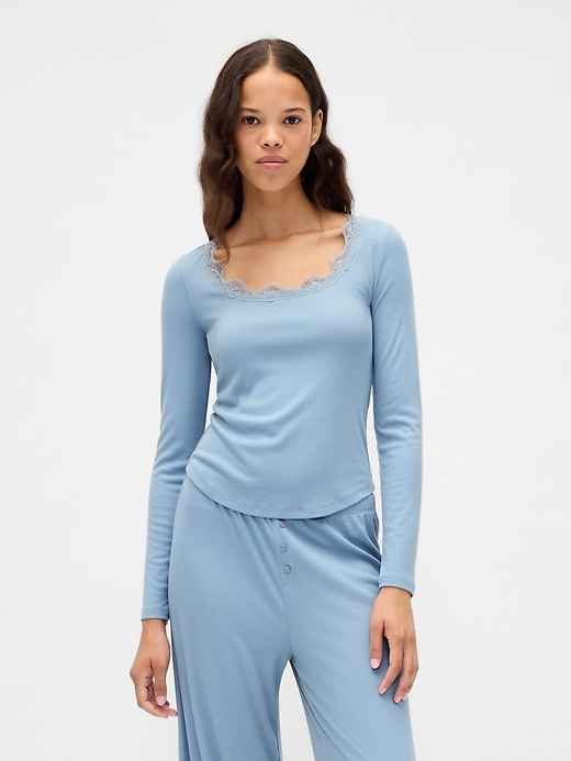 mini-ripp-pyjamaoberteil mit spitzenbesatz