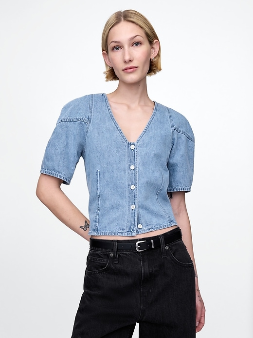 kurzes jeanshemd mit puffärmeln