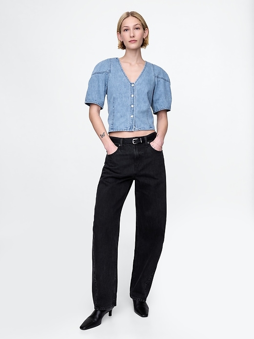 kurzes jeanshemd mit puffärmeln
