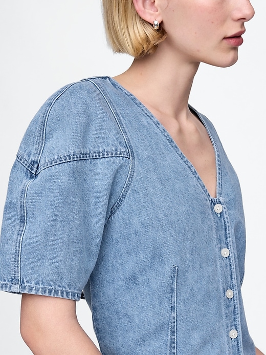 kurzes jeanshemd mit puffärmeln