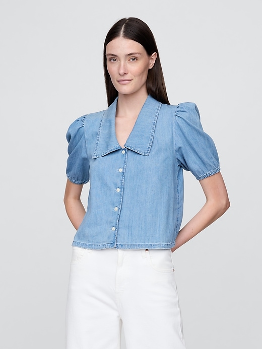 jeanshemd mit puffärmeln und kragen