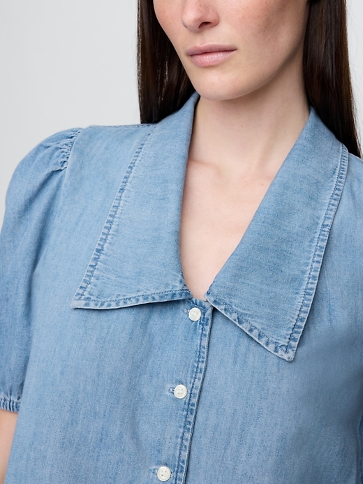 jeanshemd mit puffärmeln und kragen