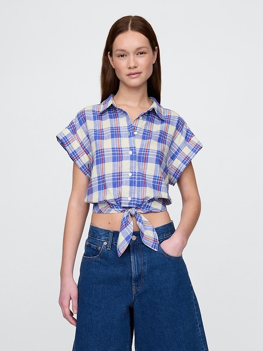 crop-top aus leinenmischgewebe mit bindeband vorne