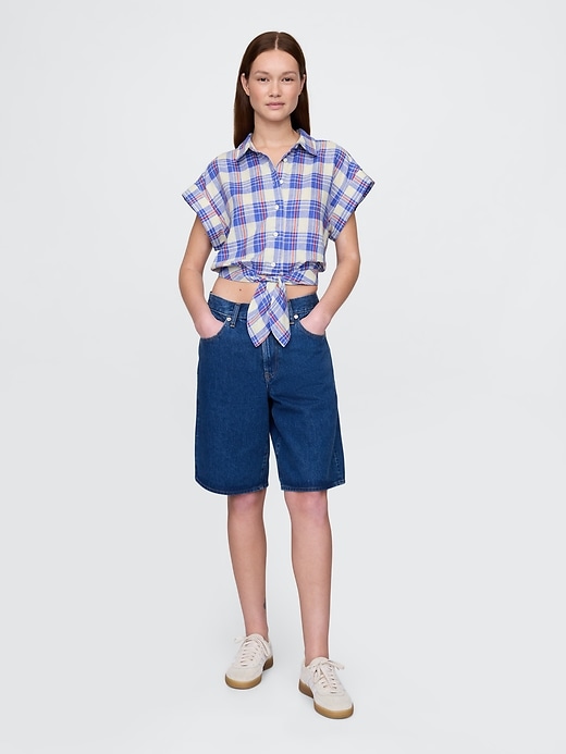 crop-top aus leinenmischgewebe mit bindeband vorne