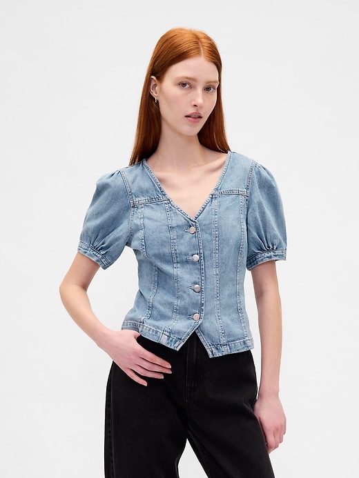 jeans-top mit puffärmeln und ziernähten