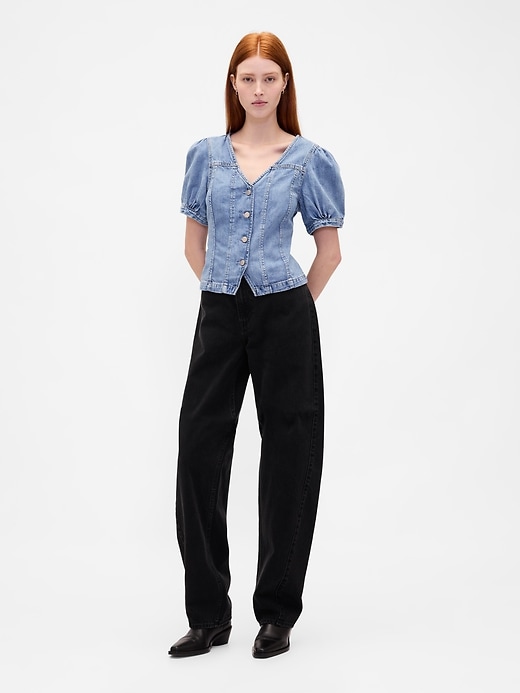jeans-top mit puffärmeln und ziernähten