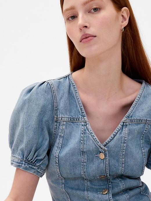 jeans-top mit puffärmeln und ziernähten