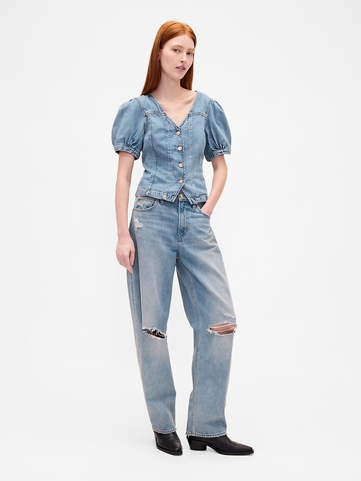 jeans-top mit puffärmeln und ziernähten