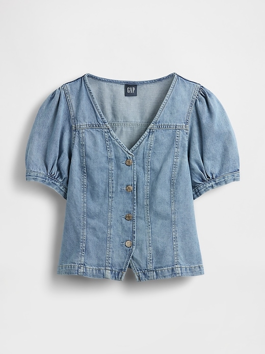 jeans-top mit puffärmeln und ziernähten