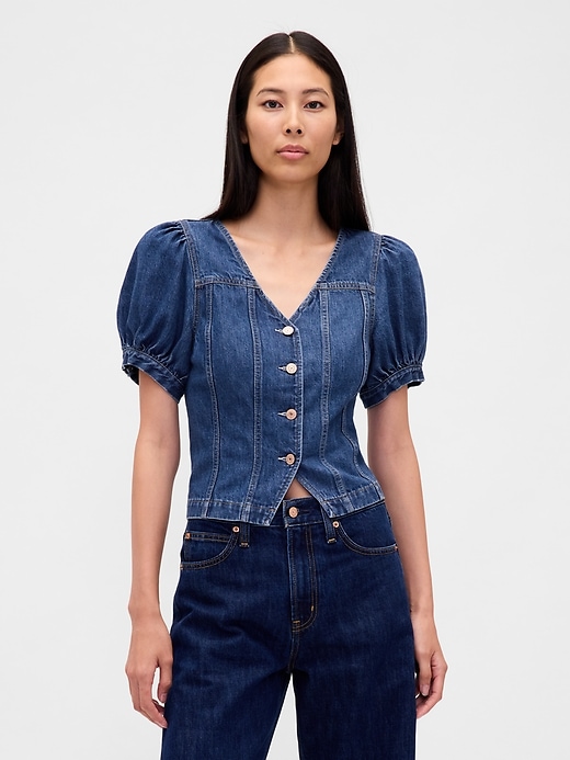 jeans-top mit puffärmeln und ziernähten