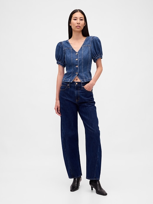 jeans-top mit puffärmeln und ziernähten