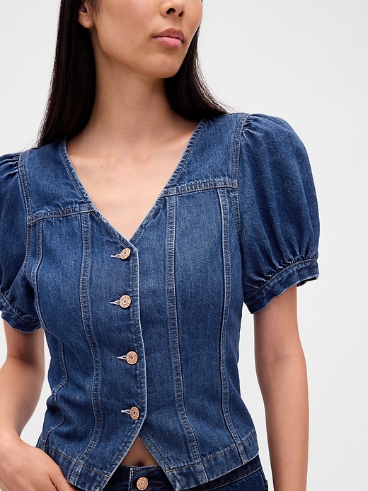 jeans-top mit puffärmeln und ziernähten
