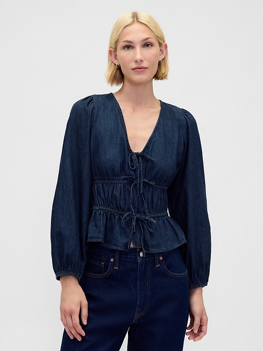 jeans-crop-shirt mit bindeband vorne