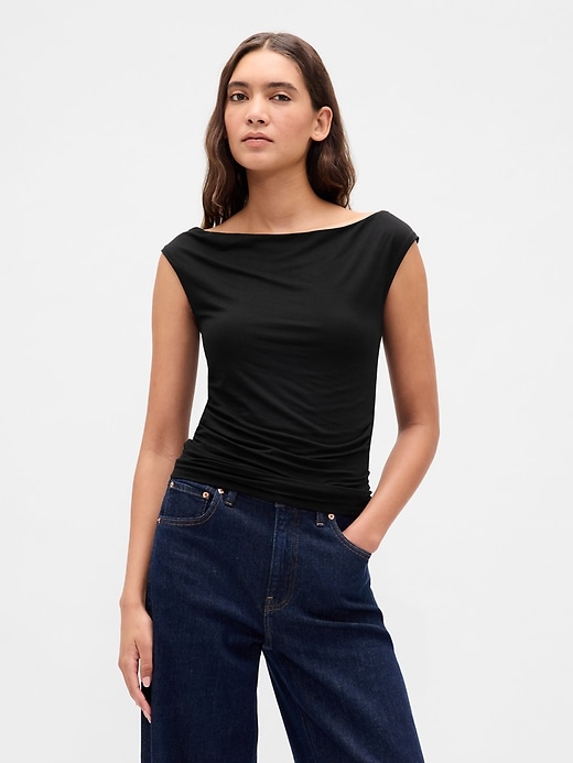 schulterfreies gerafftes crop-top