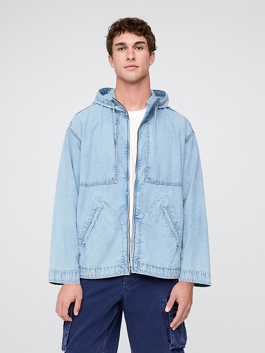oversized anorak-jacke aus denim-ripstop mit reißverschluss