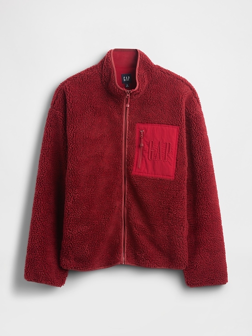 oversize-jacke aus recyceltem sherpa-fleece mit logo und reißverschluss