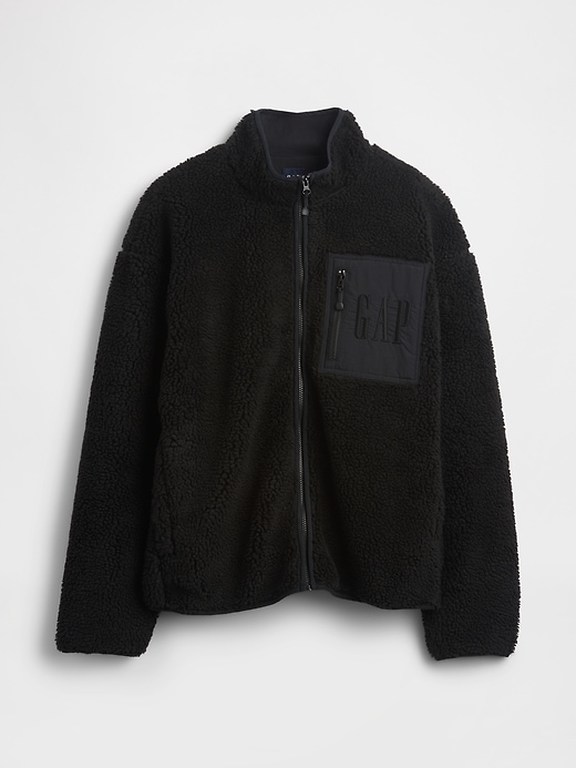oversize-jacke aus recyceltem sherpa-fleece mit logo und reißverschluss