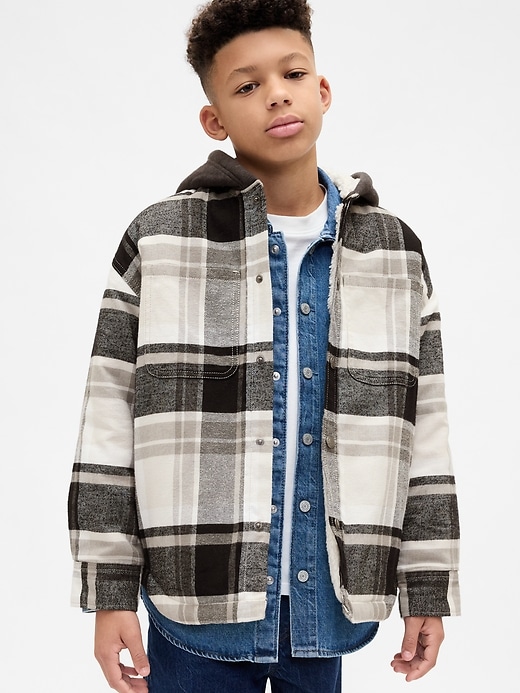 flanellhemdjacke mit kapuze und sherpa-futter für kinder