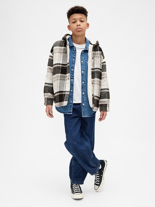 flanellhemdjacke mit kapuze und sherpa-futter für kinder