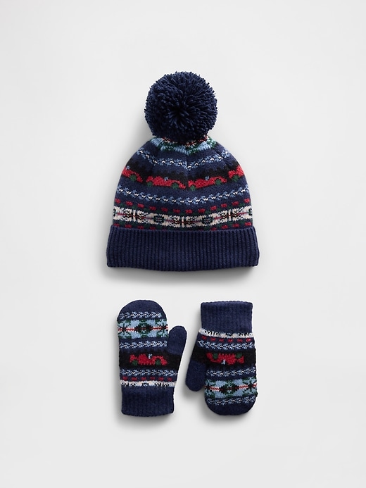 set aus baby- und kleinkind-fair-isle-mütze und fäustlingen mit bommel