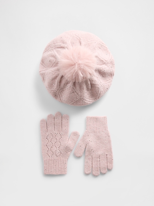 kinder-set mit pom-baskenmütze und handschuhen