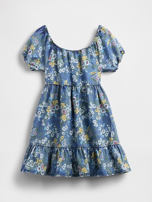 kinder-jeanskleid mit puffärmeln und blumenmuster