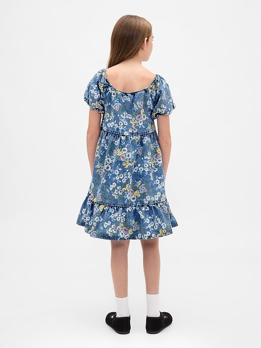 kinder-jeanskleid mit puffärmeln und blumenmuster